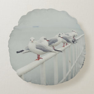 White seagull on a winter day round cushion