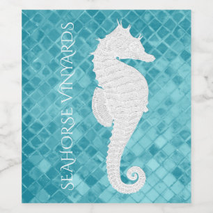 White Seahorse Aqua Sea Glass Personalise Wine Label