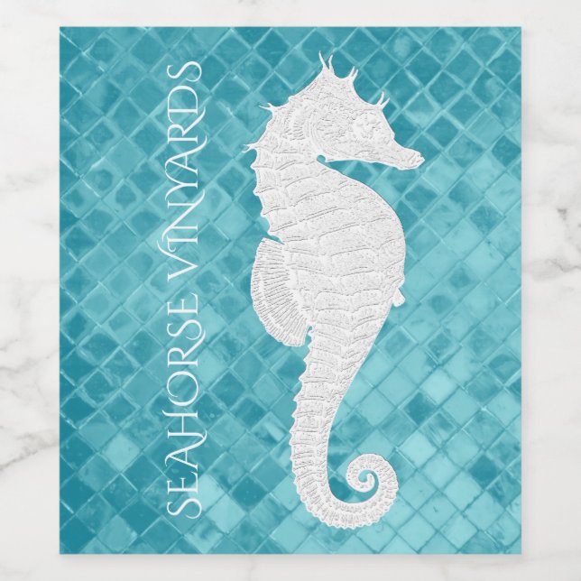 White Seahorse Aqua Sea Glass Personalise Wine Label (Single Label)