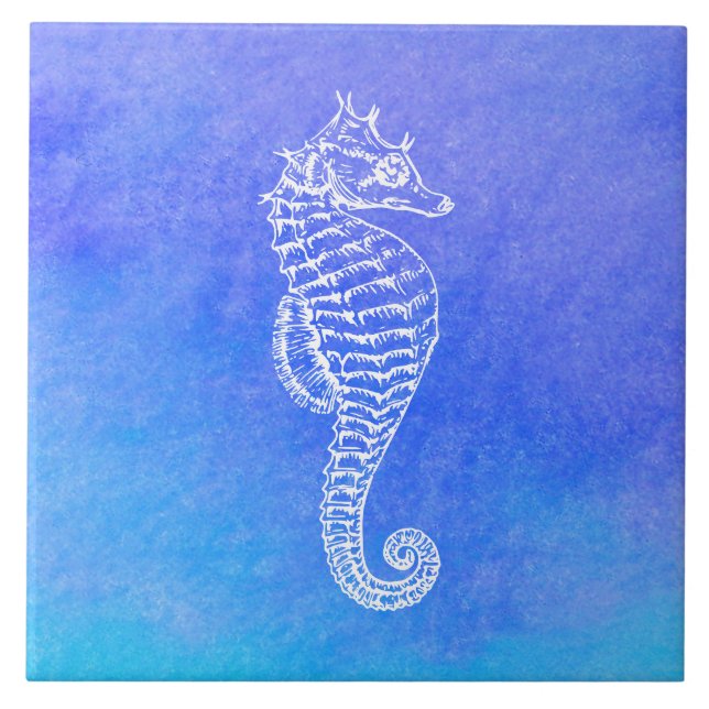 White Seahorse  Blue Turquoise Watercolor Tile (Front)