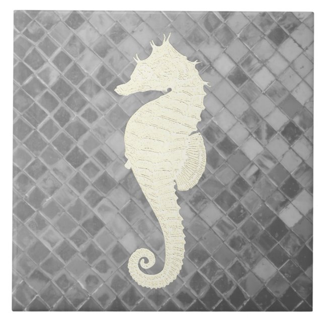 White Seahorse Grey Sea Glass Pattern Ceramic Tile (Front)