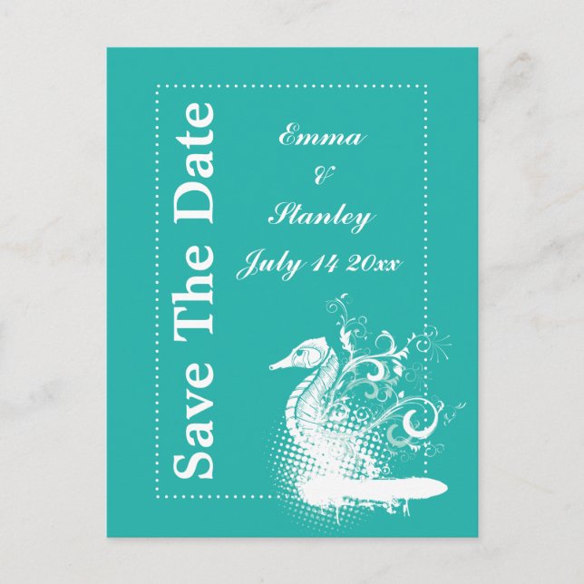 White seahorse light sea green summer wedding announcement postcard (Front)