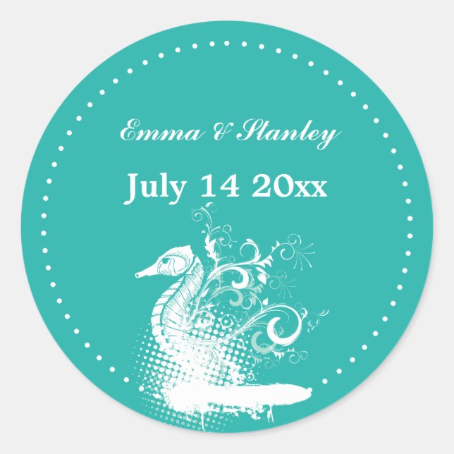 White seahorse light sea green summer wedding classic round sticker (Front)