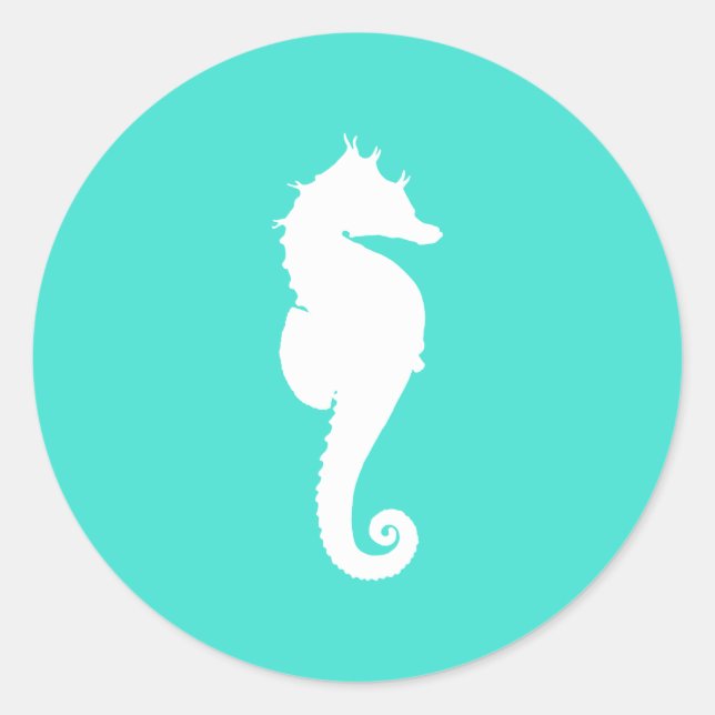 White Seahorse on Turquoise Classic Round Sticker (Front)