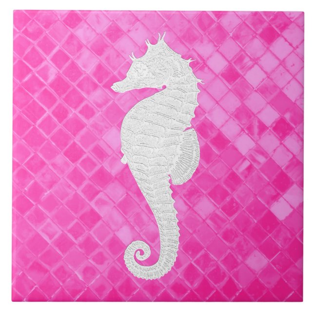 White Seahorse Pink Sea Glass Pattern Tile (Front)