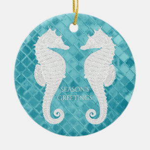 White Seahorses Aqua Sea Glass Personalise Ceramic Tree Decoration