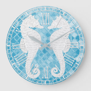 White Seahorses Blue Sea Glass Large Clock