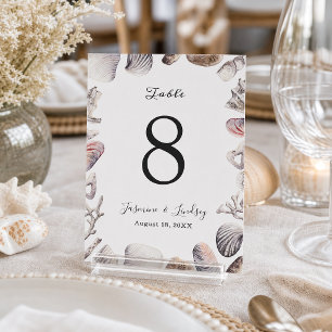 White Seashell Coral Wedding Table Number