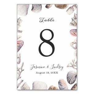 White Seashell Coral Wedding Table Number