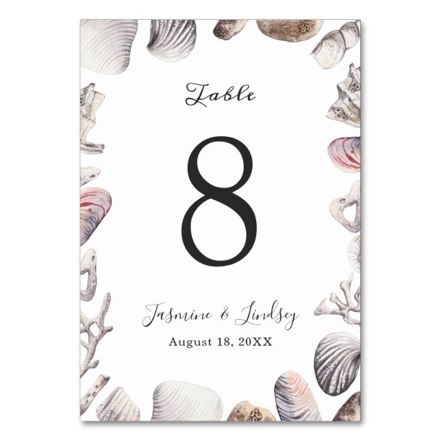 White Seashell Coral Wedding Table Number (Front)