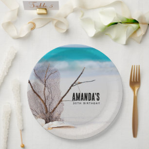 White Seashells on a Tropical Beach Birthday Paper Plate