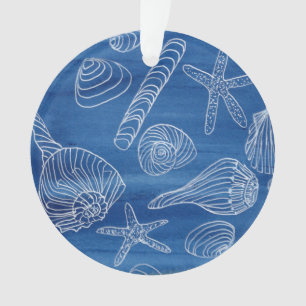 White Seashells on Blue Ornament