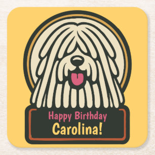 White Shaggy Dog Birthday Party Square Paper Coaster