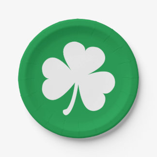 White Shamrock on Irish Green St Patrick's Day Paper Plate