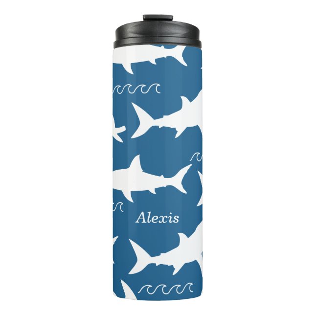 White Sharks & Waves Ocean Blue | Personalised Thermal Tumbler (Front)
