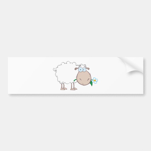 White Sheep Cartoon Character Eating A Flower Bumper Sticker (Front)