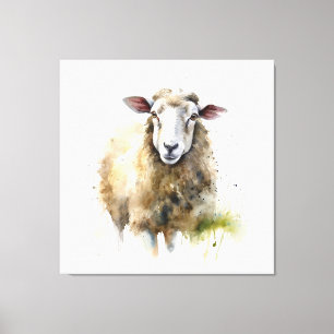 white sheep in a pasture painted in water colour canvas print