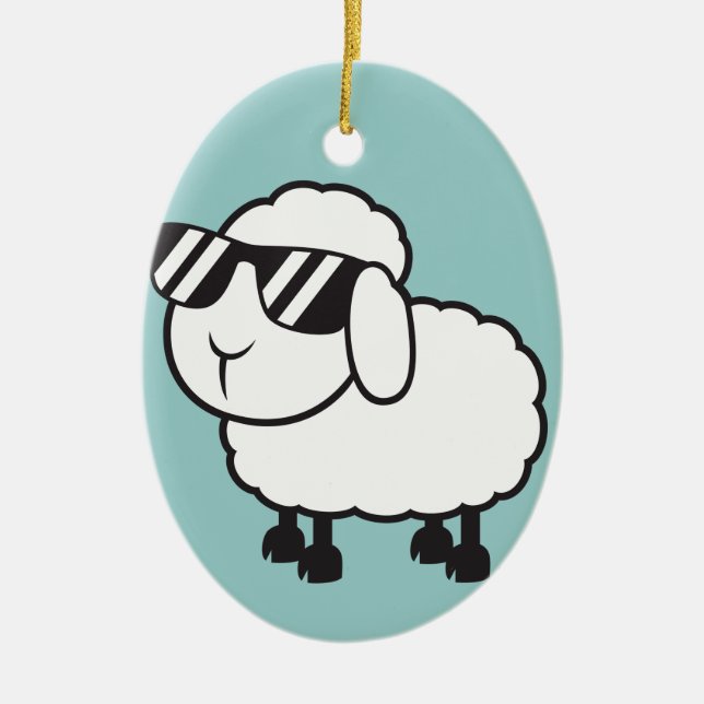 White Sheep in Sunglasses Cartoon Ceramic Tree Decoration (Front)