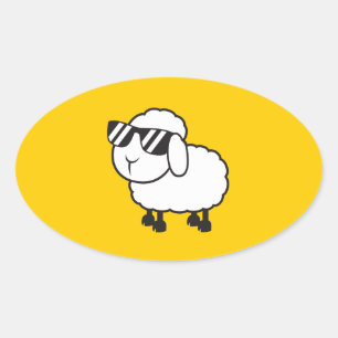 White Sheep in Sunglasses Cartoon Oval Sticker