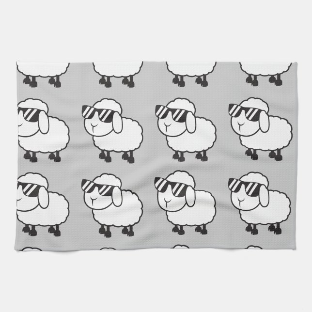 White Sheep in Sunglasses Cartoon Tea Towel (Horizontal)