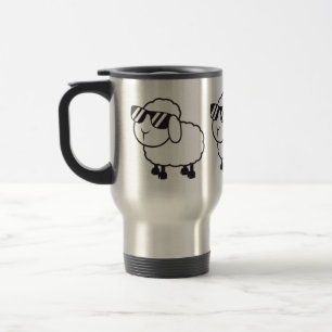 White Sheep in Sunglasses Cartoon Travel Mug