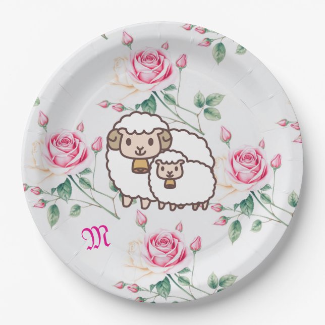 White Sheep with Baby Lamb And Roses Monogram Paper Plate (Front)