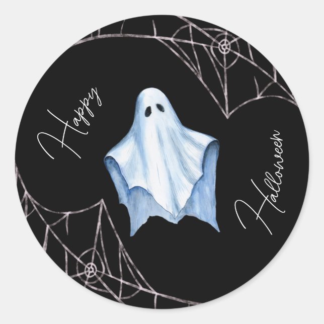 White Sheet Ghost & Cobwebs Black Halloween Gothic Classic Round Sticker (Front)