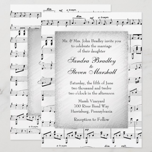 White Sheet Music Wedding Theme Invitation (Front/Back)