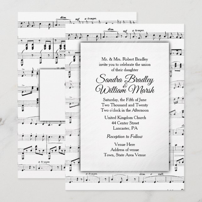 White Sheet Music Wedding Theme Invitation (Front/Back)