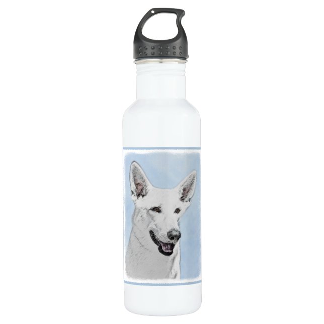 White Shepherd Painting - Cute Original Dog Art 710 Ml Water Bottle (Front)