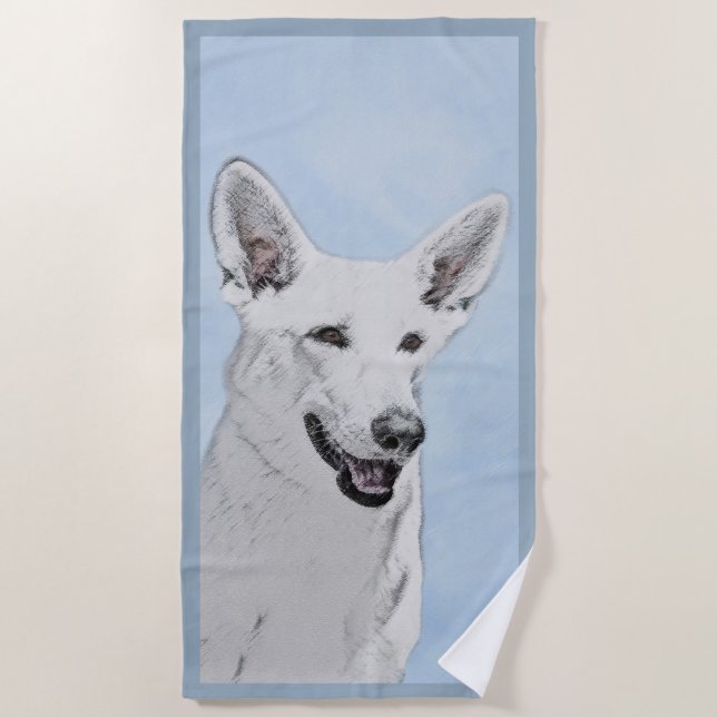 White Shepherd Painting - Cute Original Dog Art Beach Towel (Front)