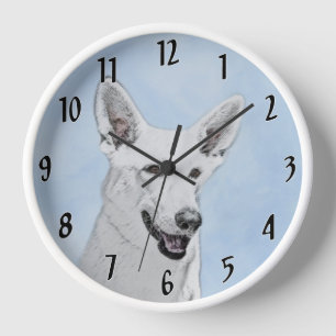 White Shepherd Painting - Cute Original Dog Art Clock