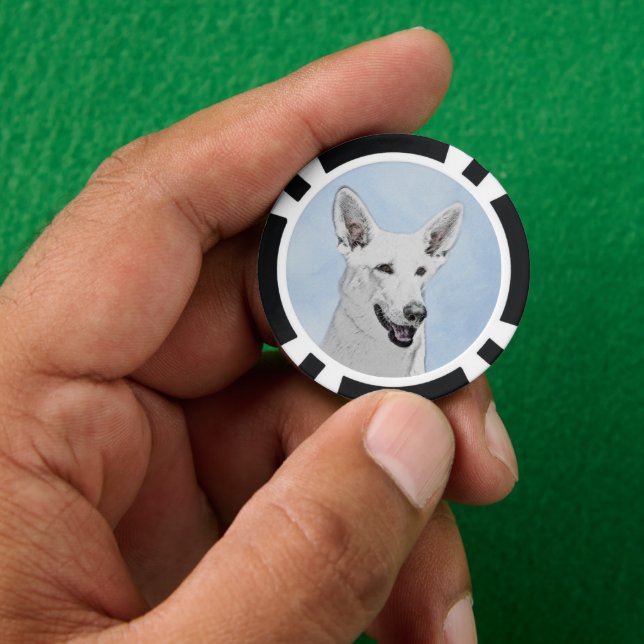 White Shepherd Painting - Cute Original Dog Art Poker Chips (Hand)