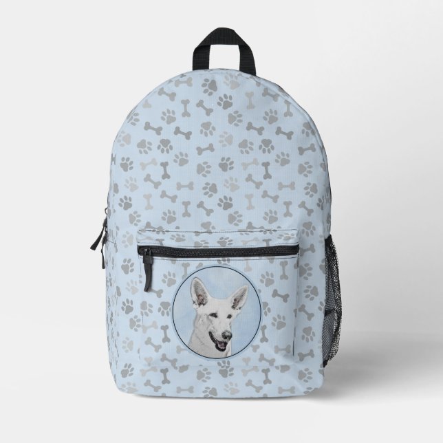 White Shepherd Painting - Cute Original Dog Art Printed Backpack (Front)