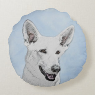 White Shepherd Painting - Cute Original Dog Art Round Cushion