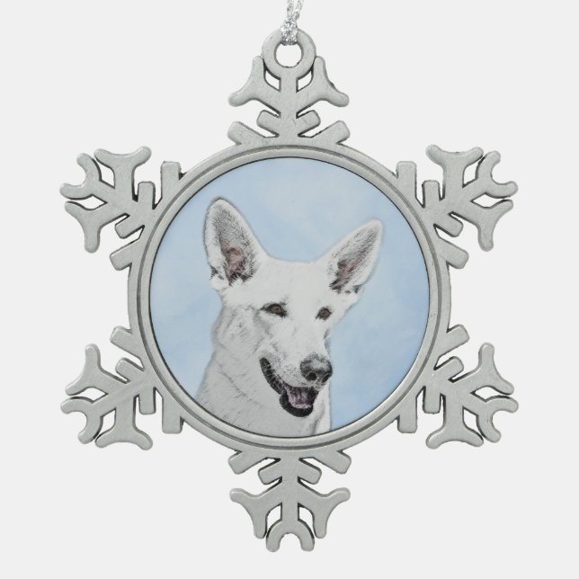 White Shepherd Painting - Cute Original Dog Art Snowflake Pewter Christmas Ornament (Front)