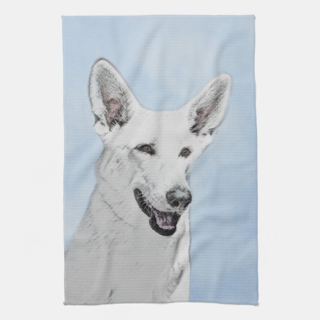 White Shepherd Painting - Cute Original Dog Art Tea Towel (Vertical)