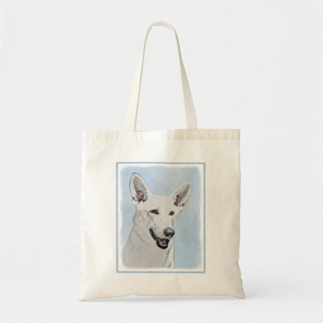 White Shepherd Painting - Cute Original Dog Art Tote Bag (Front)