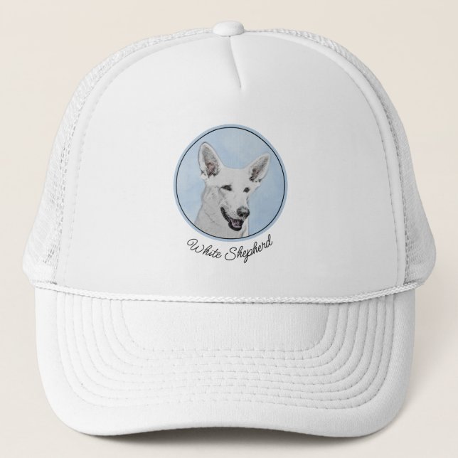 White Shepherd Painting - Cute Original Dog Art Trucker Hat (Front)