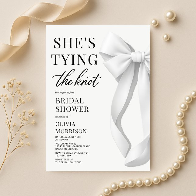 White She's Tying The Knot Bow Bridal Shower Invitation (Creator Uploaded)