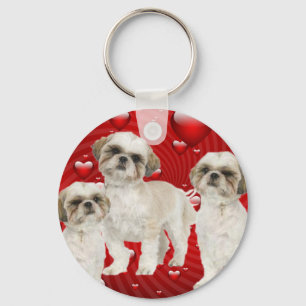 White Shih Tzu Puppies with Hearts Key Ring