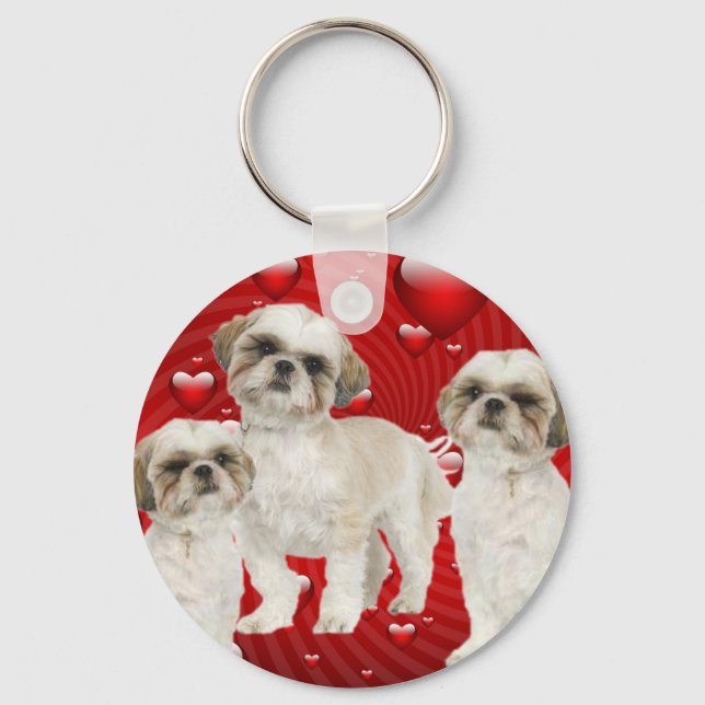 White Shih Tzu Puppies with Hearts Key Ring (Front)