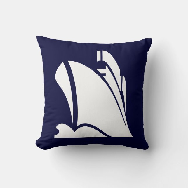 white ship  on navy blue pillow (Front)