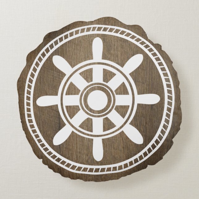 White Ship Wheel Nautical Wood Grain Round Cushion (Back)