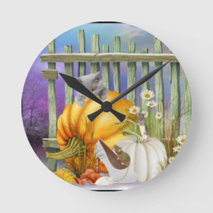 White Shoe Lost in the Pumpkin Patch is a collage Round Clock