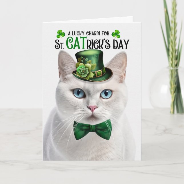 White Short Haired Cat St CATrick's Day Holiday Card (Front)