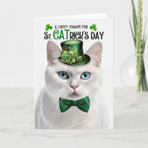 White Short Haired Cat St CATrick's Day Holiday Card