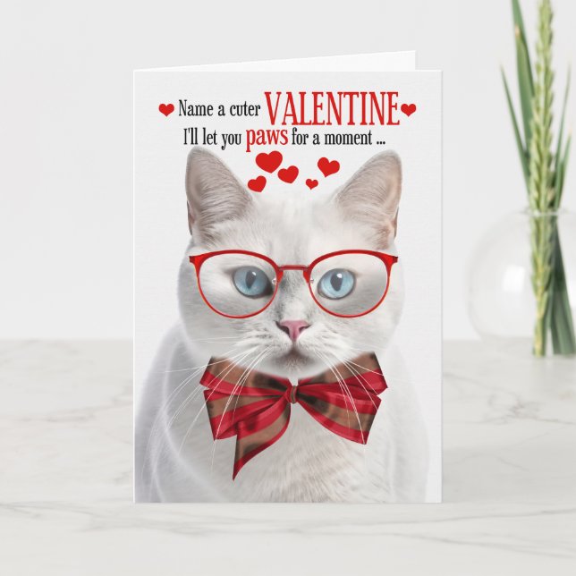 White Shorthair Cat Lover Valentine Feline Humour Holiday Card (Front)