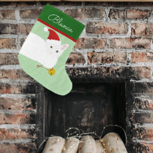 White Shorthair Santa Cat Personalised Large Christmas Stocking