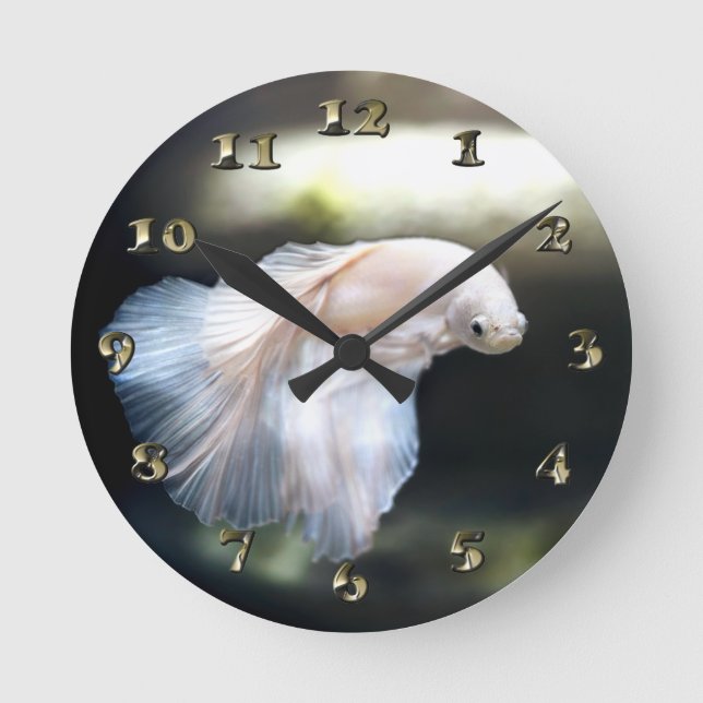 White Siamese Fighting Fish Round Clock (Front)